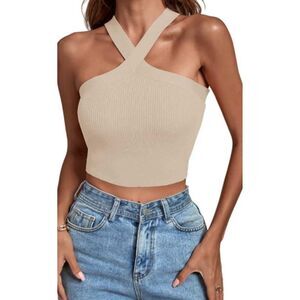 Halogen Women's Cropped Halter Ribbed Knit Tank Size‎ XL Beige Sleeveless NEW